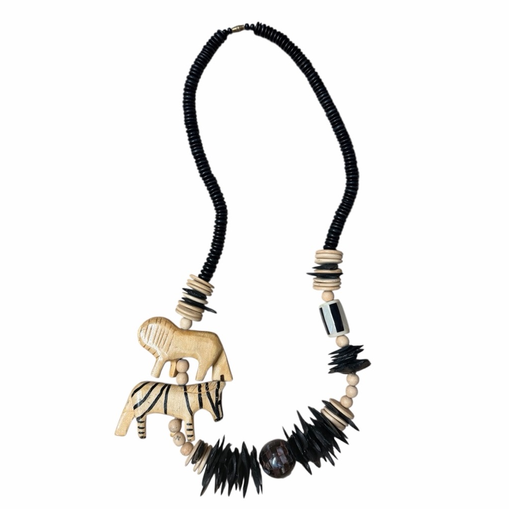 Vintage Hand-Carved Animal Bead Statement Necklace, Black & Natural Wood